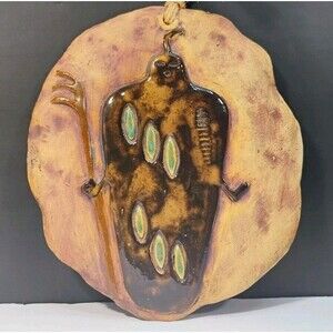 Vtg Art Stone Pottery Wall Plaque Abstract Ethnic Silhouette Holds Staff Glazed